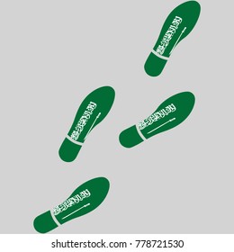 Vector illustration of chain of trails of shoes isolated on grey background, painted in the colors of national flag of Saudi Arabia