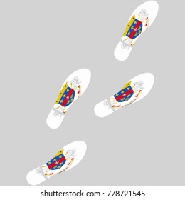 Vector illustration of chain of trails of shoes isolated on grey background, painted in the colors of national flag of Saint Bartelemy