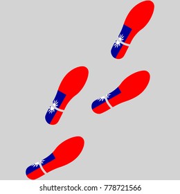 Vector illustration of chain of trails of shoes isolated on grey background, painted in the colors of national flag of Republic of China Taiwan