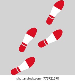 Vector illustration of chain of trails of shoes isolated on grey background, painted in the colors of national flag of Peru