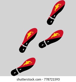 Vector illustration of chain of trails of shoes isolated on grey background, painted in the colors of national flag of Papua New Guinea