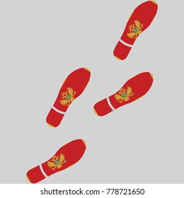 Vector illustration of chain of trails of shoes isolated on grey background, painted in the colors of national flag of Montenegro