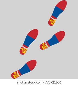 Vector illustration of chain of trails of shoes isolated on grey background, painted in the colors of national flag of Mongolia