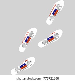 Vector illustration of chain of trails of shoes isolated on grey background, painted in the colors of national flag of Mayotte