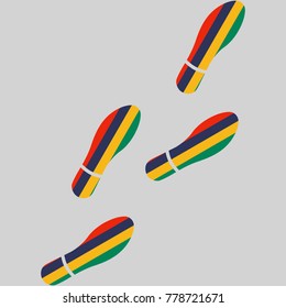 Vector illustration of chain of trails of shoes isolated on grey background, painted in the colors of national flag of Maurutius