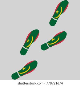 Vector illustration of chain of trails of shoes isolated on grey background, painted in the colors of national flag of Mauritania