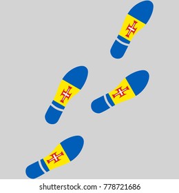 Vector illustration of chain of trails of shoes isolated on grey background, painted in the colors of national flag of Madeira