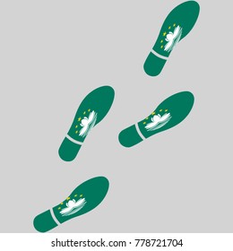 Vector illustration of chain of trails of shoes isolated on grey background, painted in the colors of national flag of Macau