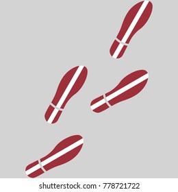 Vector illustration of chain of trails of shoes isolated on grey background, painted in the colors of national flag of Latvia