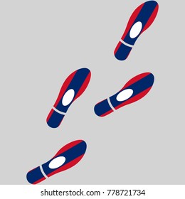 Vector illustration of chain of trails of shoes isolated on grey background, painted in the colors of national flag of Laos