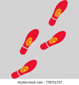 Vector illustration of chain of trails of shoes isolated on grey background, painted in the colors of national flag of Kyrgyzstan