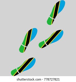 Vector illustration of chain of trails of shoes isolated on grey background, painted in the colors of national flag of Tanzania