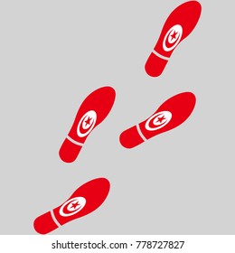 Vector illustration of chain of trails of shoes isolated on grey background, painted in the colors of national flag of Tunisia