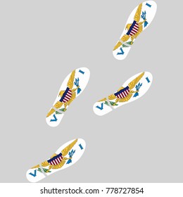Vector illustration of chain of trails of shoes isolated on grey background, painted in the colors of national flag of United States Virgin Islands
