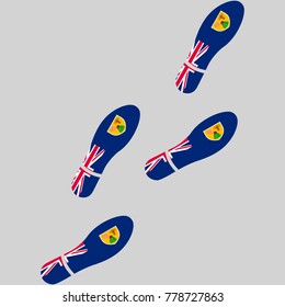 Vector illustration of chain of trails of shoes isolated on grey background, painted in the colors of national flag of Turks and Caicos