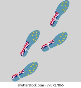 Vector illustration of chain of trails of shoes isolated on grey background, painted in the colors of national flag of Tuvalu