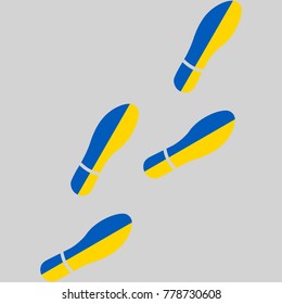 Vector illustration of chain of trails of shoes isolated on grey background, painted in the colors of national flag of Ukraine