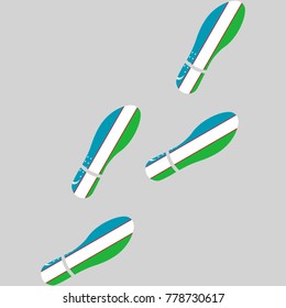 Vector illustration of chain of trails of shoes isolated on grey background, painted in the colors of national flag of Uzbekistan