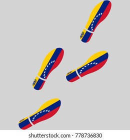 Vector illustration of chain of trails of shoes isolated on grey background, painted in the colors of national flag of Venezuela