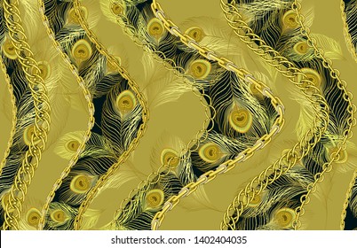 Vector illustration with  chains and peacock feathers. Seamless background with different gold chains and yellow feathers on dark grey background. Suitable for fashion design, women's fashion 