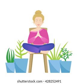 Vector illustration of chair home yoga with ginger girl and houseplants. Keep calm and do yoga.