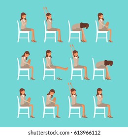 Vector Illustration Of Chair Sun Salutation Positions. Woman In Suit Doing Yoga At Work. Office Worker Doing Surya Namaskar Asana. Workout Picture On Blue Background.