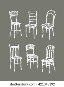 Vector illustration of chairs hand drawn with chalk. Beautiful interior design elements.