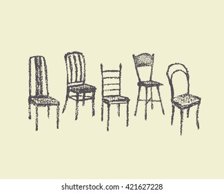 Vector illustration of chairs hand drawn with chalk. Beautiful interior design elements.