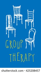 Vector illustration of chairs hand drawn with chalk. Simple group therapy poster.