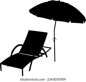 Vector illustration of chaise longue for relaxing under summer parasol. Summer sun lounge and umbrella in vector. Illustration of place for summer holiday