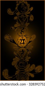 Vector illustration, chakra symbols in golden collection, black background, card concept.