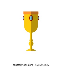 Vector illustration of chalice with gemstones. Flat icon of cup, goblet isolated on white background. Winner price, golden flat goblet. Golden trophy cup with blank golden plate. Winners trophy icon