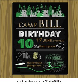 Vector illustration of chalk board invitation for birthday in the camping
