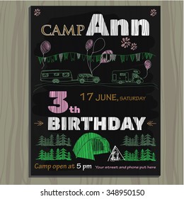 Vector illustration of chalk board invitation for birthday in the camping