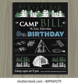 Vector illustration of chalk board invitation  for birthday at camp. Lettering invitation on chalk board.