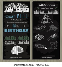 Vector illustration of chalk board invitation  for birthday on the camp. Lettering invitation on chalk board.