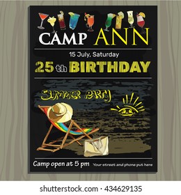 Vector illustration of chalk board invitation  for birthday, holiday in the camp on the beach. Lettering invitation on chalk board. Summer party.