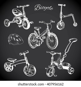 Vector illustration of chalk board set with hand drawn bicycles and balance bike, helmet,