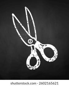 Vector illustration of chalk doodle scissors icon on blackboard background, isolated sketch.