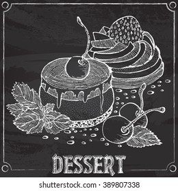 Vector illustration chalk drawing with cakes with cherries and strawberries