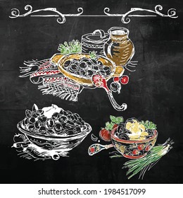 Vector illustration chalk drawing on the blackboard depicting the process of making chebureks, doodles, image of the ingredients and the dish itself