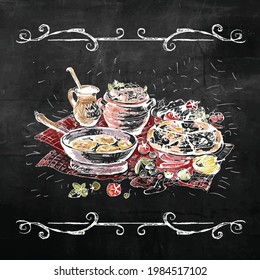 Vector illustration chalk drawing on the blackboard depicting the process of making chebureks, doodles, image of the ingredients and the dish itself