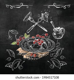 Vector illustration chalk drawing on the board with the image of dumplings with cherries, on a plate, design elements fork cherry, dish