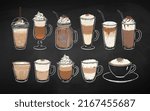 Vector illustration of chalk drawn coffee cups on chalkboard backgorund