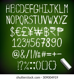 Vector illustration chalk font with numbers, currency signs. Hand drawn English chalk alphabet.