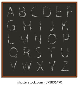 Vector illustration of chalk hand drawing alphabet on a blackboard background.