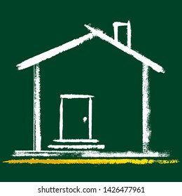 Vector illustration. Chalk house icon in white over green background.