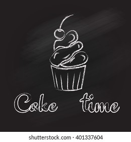 Vector illustration. Chalk lettering picture with  a cake on  the black background
