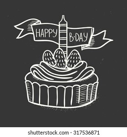 Vector illustration, chalk on blackboard, hand-drawn sketch of a cupcake with a birthday candle and a ribbon. Perfect for greeting cards and birthday parties.
