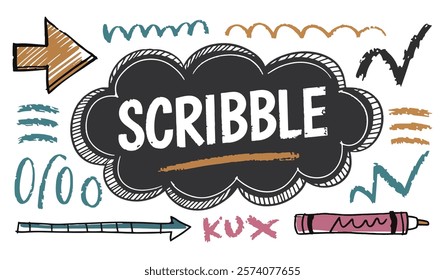 A vector illustration of a chalk scribble doodle arrow, line elements set, and crayon arrow in vector illustration